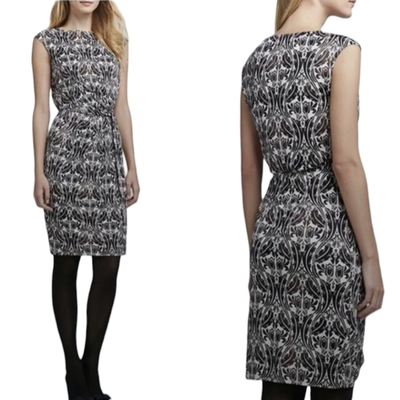 Tory Burch Odila Silk Faux Wrap Twisted Front Shift Dress Black White Brown XL - Picture 2 of 10